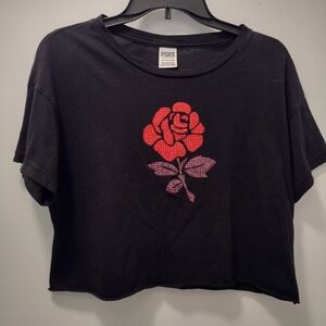 PINK Victoria's Secret Black Crop Tee with Red Rose & Purple Leaves